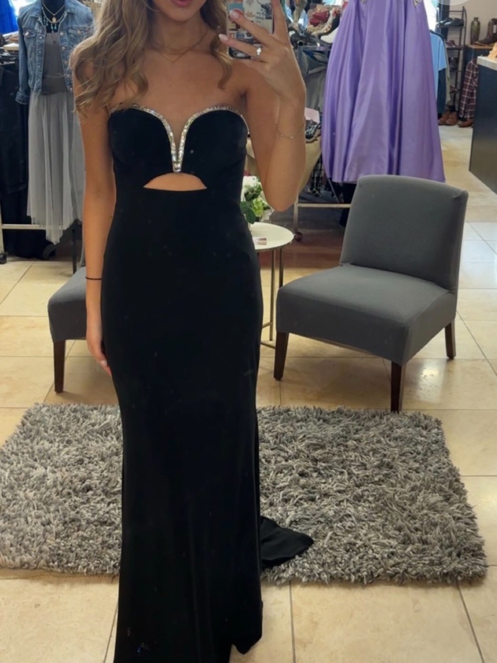 La Femme Black Strapless Gown with Crystal Trim